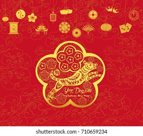 Happy Chinese new year and year of dog card is lanterns and dog in frame (hieroglyph: Dog)