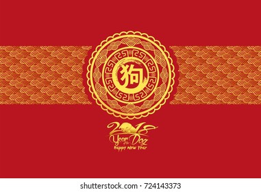 Happy Chinese new year and year of dog card with gold dogs in flower circle (hieroglyph: Dog)