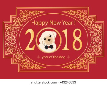 Happy Chinese New Year. Dog is a symbol of year 2018. Labrador puppy into number 0.