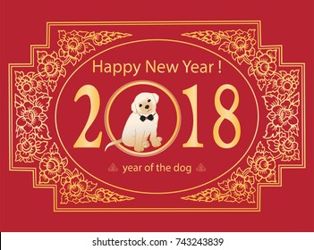 Happy Chinese New Year. Dog is a symbol of year 2018. Labrador puppy into number 0.