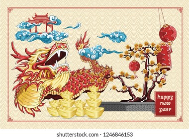 Happy chinese new year dragon dance and flowers new year golden ingots illustration on background asia pattern