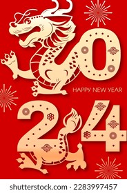 Happy Chinese new Year, Year of the Dragon! Eastern calendar design template with Dragon beast. Asian traditional holiday celebration. Chinese text means "Year of the Dragon"