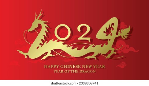 Happy chinese new year of dragon 2024 gold paper cut style design card vector. Asian lunar new year background.