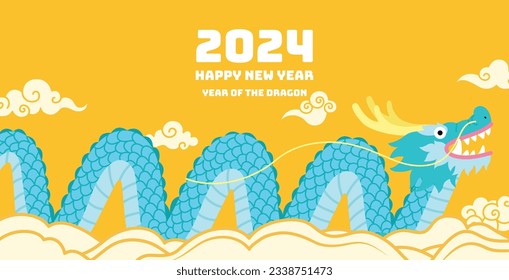 Happy chinese new year of dragon 2024 card illustration with funny dragon in waves and clouds background.