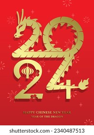 Happy chinese new year of dragon gold paper cutting style 2024 numbers design. Asian decorative elements for lunar new year with zodiac dragon.