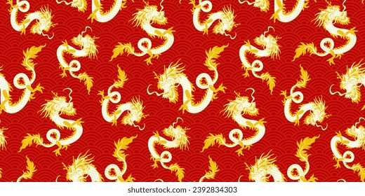 Happy Chinese new year, Year of the dragon 2024.  Chinese, Japanese Asian style dragon snake seamless pattern, poster, card, background design