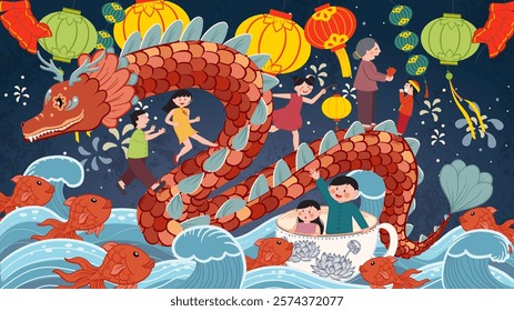 Happy Chinese New Year. Dragon Red with asian people running, pai pai, tea cups, lantern, fishes, vector illustration background wallpaper