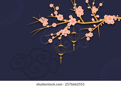 Happy Chinese new Year, Eastern calendar design template with Chinese lantern and cherry blossom. Asian traditional holiday lunar new year celebration. 