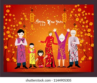 Happy  Chinese New Year with happy family and long dress.