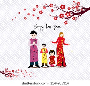 Happy  Chinese New Year with happy family and long dress.