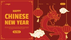 Happy Chinese New Year Festival. Year Of The Dragon. Red, Gold And White Colors. Cartoon Vector Illustration Design For Poster, Banner, Greeting, Card, Flyer, Cover, Post. Chinese Dragon. February 10.