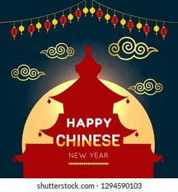 Happy Chinese new year festival with castle and the moon on night background. Vector illustration.