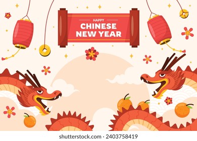 Frohes chinesisches Neujahrsfest. Jahr des Drachen. Rot, Gold und Weiß. Cartoon Vektorgrafik Design für Poster, Banner, Gruß, Karte, Flyer, Cover, Post. Chinesischer Drache. 10. Februar.