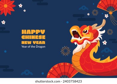 Happy Chinese new year festival. Year of the dragon. red, gold and white colors. Cartoon Vector illustration design for Poster, Banner, Greeting, Card, Flyer, Cover, Post. Chinese dragon. February 10.