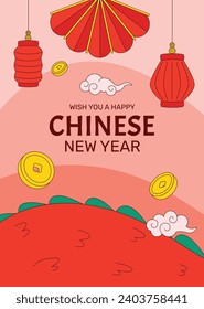 Happy Chinese new year festival. Year of the dragon. red, gold and white colors. Cartoon Vector illustration design for Poster, Banner, Greeting, Card, Flyer, Cover, Post. Chinese dragon. February 10.