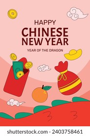 Happy Chinese new year festival. Year of the dragon. red, gold and white colors. Cartoon Vector illustration design for Poster, Banner, Greeting, Card, Flyer, Cover, Post. Chinese dragon. February 10.