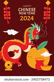 Happy Chinese new year festival. Year of the dragon. red, gold and white colors. Cartoon Vector illustration design for Poster, Banner, Greeting, Card, Flyer, Cover, Post. Chinese dragon. February 10.
