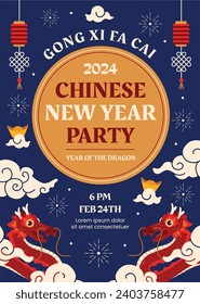 Happy Chinese new year festival. Year of the dragon. red, gold and white colors. Cartoon Vector illustration design for Poster, Banner, Greeting, Card, Flyer, Cover, Post. Chinese dragon. February 10.