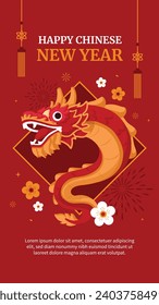 Happy Chinese new year festival. Year of the dragon. red, gold and white colors. Cartoon Vector illustration design for Poster, Banner, Greeting, Card, Flyer, Cover, Post. Chinese dragon. February 10.