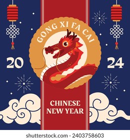Happy Chinese new year festival. Year of the dragon. red, gold and white colors. Cartoon Vector illustration design for Poster, Banner, Greeting, Card, Flyer, Cover, Post. Chinese dragon. February 10.