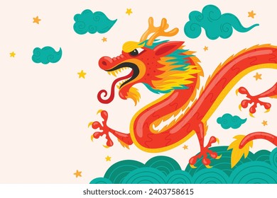 Happy Chinese new year festival. Year of the dragon. red, gold and white colors. Cartoon Vector illustration design for Poster, Banner, Greeting, Card, Flyer, Cover, Post. Chinese dragon. February 10.