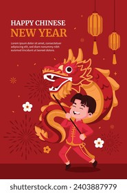 Feliz festival chino de año nuevo. Año del dragón. rojo, dorado y blanco. Diseño de ilustración de vectores de caricatura para afiches, banner, saludo, tarjeta, volante, portada, publicación. dragón chino. 10 de febrero.