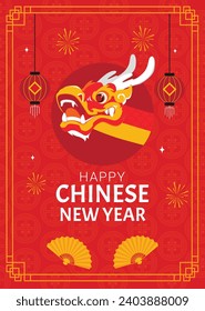 Feliz festival chino de año nuevo. Año del dragón. rojo, dorado y blanco. Diseño de ilustración de vectores de caricatura para afiches, banner, saludo, tarjeta, volante, portada, publicación. dragón chino. 10 de febrero.