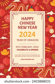 Happy Chinese new year festival. Year of the dragon. red, gold and white colors. Cartoon Vector illustration design for Poster, Banner, Greeting, Card, Flyer, Cover, Post. Chinese dragon. February 10.