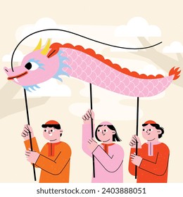 Happy Chinese new year festival. Year of the dragon. red, gold and white colors. Cartoon Vector illustration design for Poster, Banner, Greeting, Card, Flyer, Cover, Post. Chinese dragon. February 10.