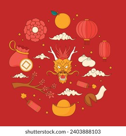 Happy Chinese new year festival. Year of the dragon. red, gold and white colors. Cartoon Vector illustration design for Poster, Banner, Greeting, Card, Flyer, Cover, Post. Chinese dragon. February 10.