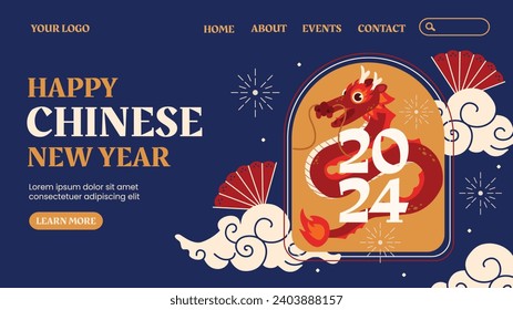 Happy Chinese new year festival. Year of the dragon. red, gold and white colors. Cartoon Vector illustration design for Poster, Banner, Greeting, Card, Flyer, Cover, Post. Chinese dragon. February 10.