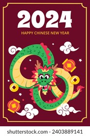 Happy Chinese new year festival. Year of the dragon. red, gold and white colors. Cartoon Vector illustration design for Poster, Banner, Greeting, Card, Flyer, Cover, Post. Chinese dragon. February 10.