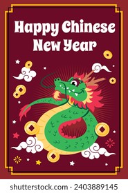 Happy Chinese new year festival. Year of the dragon. red, gold and white colors. Cartoon Vector illustration design for Poster, Banner, Greeting, Card, Flyer, Cover, Post. Chinese dragon. February 10.