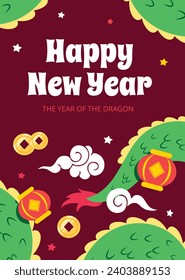 Feliz festival chino de año nuevo. Año del dragón. rojo, dorado y blanco. Diseño de ilustración de vectores de caricatura para afiches, banner, saludo, tarjeta, volante, portada, publicación. dragón chino. 10 de febrero.