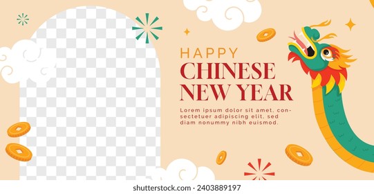 Happy Chinese new year festival. Year of the dragon. red, gold and white colors. Cartoon Vector illustration design for Poster, Banner, Greeting, Card, Flyer, Cover, Post. Chinese dragon. February 10.