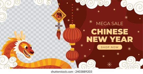 Happy Chinese new year festival. Year of the dragon. red, gold and white colors. Cartoon Vector illustration design for Poster, Banner, Greeting, Card, Flyer, Cover, Post. Chinese dragon. February 10.