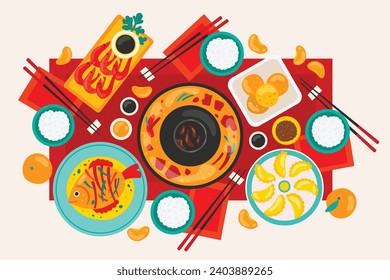 Happy Chinese new year festival. Year of the dragon. red, gold and white colors. Cartoon Vector illustration design for Poster, Banner, Greeting, Card, Flyer, Cover, Post. Chinese dragon. February 10.