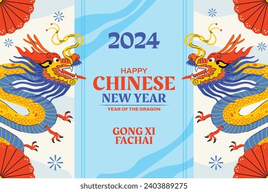 Happy Chinese new year festival. Year of the dragon. red, gold and white colors. Cartoon Vector illustration design for Poster, Banner, Greeting, Card, Flyer, Cover, Post. Chinese dragon. February 10.