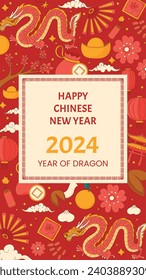 Happy Chinese new year festival. Year of the dragon. red, gold and white colors. Cartoon Vector illustration design for Poster, Banner, Greeting, Card, Flyer, Cover, Post. Chinese dragon. February 10.
