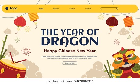 Feliz festival chino de año nuevo. Año del dragón. rojo, dorado y blanco. Diseño de ilustración de vectores de caricatura para afiches, banner, saludo, tarjeta, volante, portada, publicación. dragón chino. 10 de febrero.