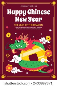 Happy Chinese new year festival. Year of the dragon. red, gold and white colors. Cartoon Vector illustration design for Poster, Banner, Greeting, Card, Flyer, Cover, Post. Chinese dragon. February 10.