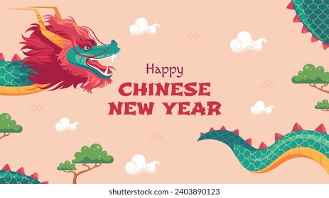 Happy Chinese new year festival. Year of the dragon. red, gold and white colors. Cartoon Vector illustration design for Poster, Banner, Greeting, Card, Flyer, Cover, Post. Chinese dragon. February 10.