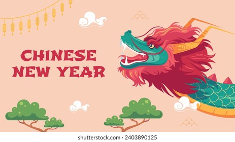 Happy Chinese new year festival. Year of the dragon. red, gold and white colors. Cartoon Vector illustration design for Poster, Banner, Greeting, Card, Flyer, Cover, Post. Chinese dragon. February 10.