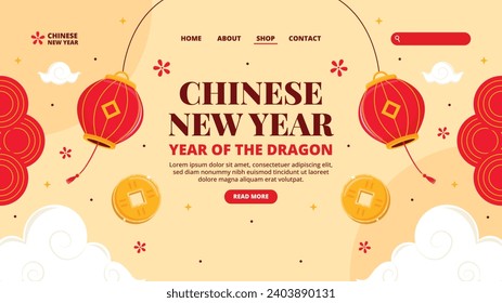 Frohes chinesisches Neujahrsfest. Jahr des Drachen. Rot, Gold und Weiß. Cartoon Vektorgrafik Design für Poster, Banner, Gruß, Karte, Flyer, Cover, Post. Chinesischer Drache. 10. Februar.