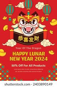 Happy Chinese new year festival. Year of the dragon. red, gold and white colors. Cartoon Vector illustration design for Poster, Banner, Greeting, Card, Flyer, Cover, Post. Chinese dragon. February 10.