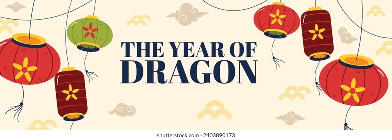 Happy Chinese new year festival. Year of the dragon. red, gold and white colors. Cartoon Vector illustration design for Poster, Banner, Greeting, Card, Flyer, Cover, Post. Chinese dragon. February 10.