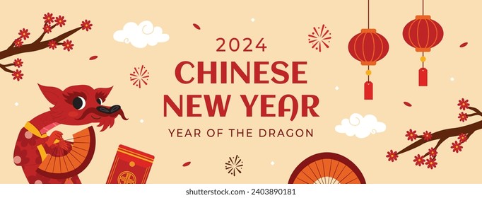 Happy Chinese new year festival. Year of the dragon. red, gold and white colors. Cartoon Vector illustration design for Poster, Banner, Greeting, Card, Flyer, Cover, Post. Chinese dragon. February 10.