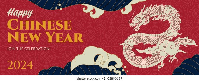 Happy Chinese new year festival. Year of the dragon. red, gold and white colors. Cartoon Vector illustration design for Poster, Banner, Greeting, Card, Flyer, Cover, Post. Chinese dragon. February 10.