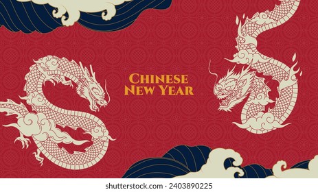 Feliz festival chino de año nuevo. Año del dragón. rojo, dorado y blanco. Diseño de ilustración de vectores de caricatura para afiches, banner, saludo, tarjeta, volante, portada, publicación. dragón chino. 10 de febrero.