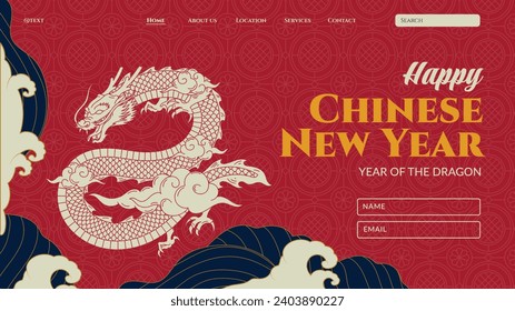 Happy Chinese new year festival. Year of the dragon. red, gold and white colors. Cartoon Vector illustration design for Poster, Banner, Greeting, Card, Flyer, Cover, Post. Chinese dragon. February 10.